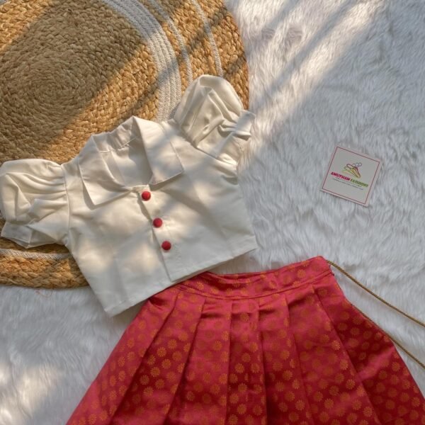 White Silk Cotton Collar Neck Top & Dark Peach Banarasi Skirt (Pre Booking)