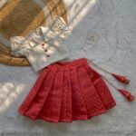 White Silk Cotton Collar Neck Top & Dark Peach Banarasi Skirt (Pre Booking)