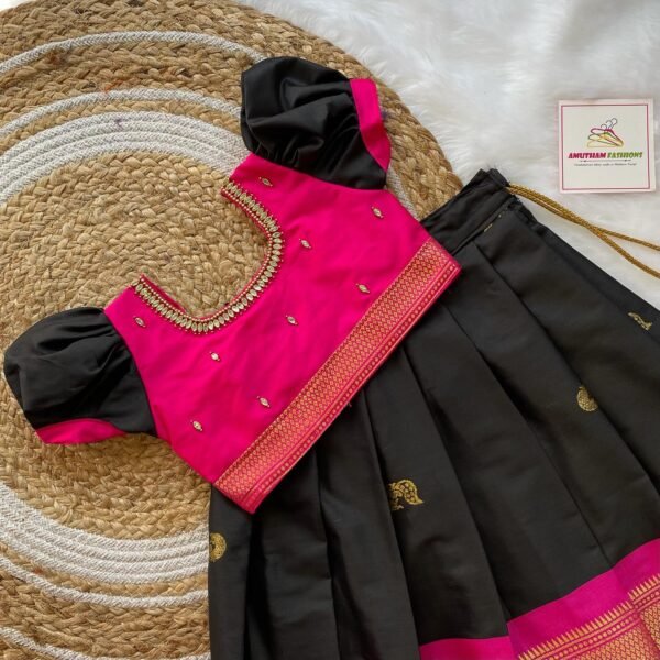 Black & Pink Kadiyal Pattu Paavadai and Sattai (Pre Booking)