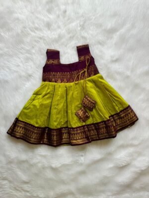 Green Apple & Dark Purple Border Combo Kalyani Silk Cotton Frock Copper Zari (Ready to Dispatch)