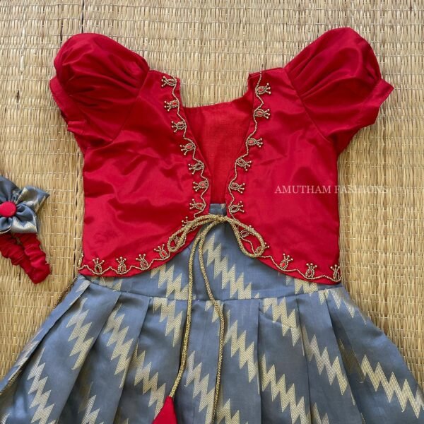 Grey Banarasi Frock & Red Silk Cotton Overcoat with Beads Design (Ready to Dispatch)