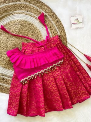 Pink Color Banarasi Skirt & One side Frill Silk Cotton Top (Pre Booking)