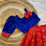 Red Banarasi Silk Lehenga & Ink Blue Silk Cotton Top (Pre Booking)