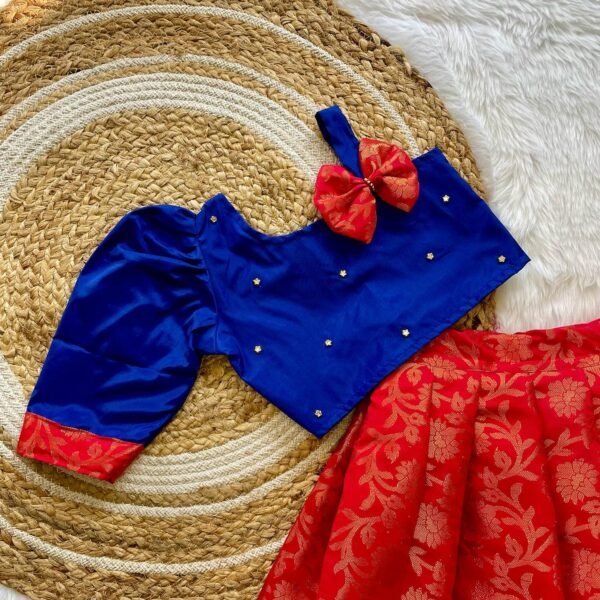 Red Banarasi Silk Lehenga & Ink Blue Silk Cotton Top (Pre Booking)