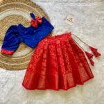 Red Banarasi Silk Lehenga & Ink Blue Silk Cotton Top (Pre Booking)