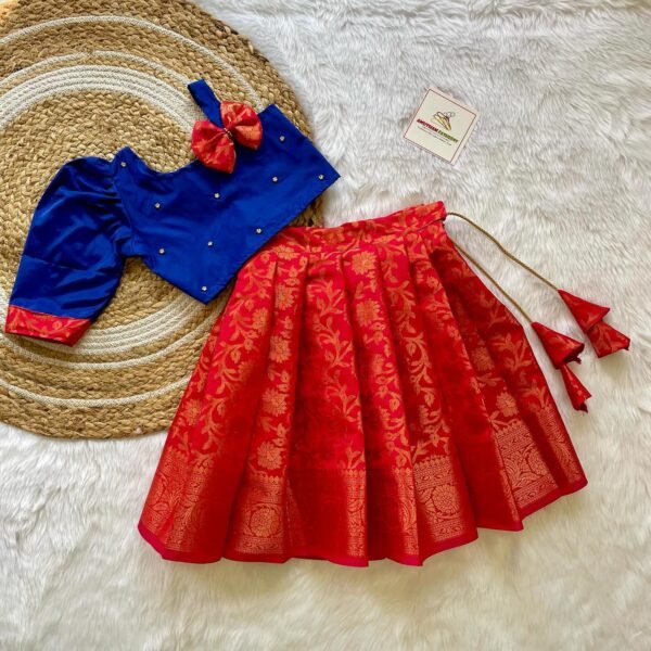 Red Banarasi Silk Lehenga & Ink Blue Silk Cotton Top (Pre Booking)