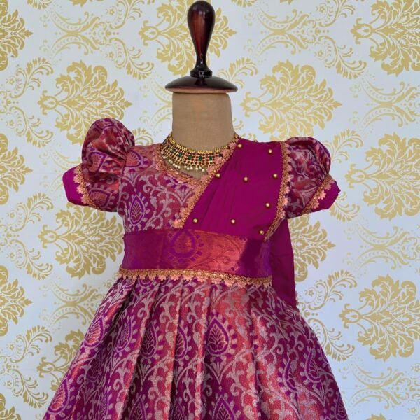 Maharani Premium Kanchivaram Frock with detached Duppata - Dark Magenta Color(Pre Booking)