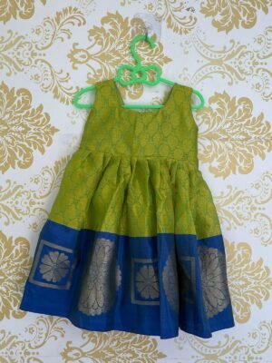 Light Green & Blue Border Kora Silk Frock - Knee Length (Ready to Dispatch)