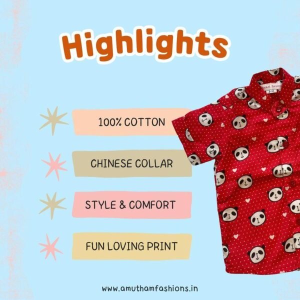 Super Comfortable and Stylish 100% Cotton Kids Shirt with Cotton Veshti Golden Zari - Red Panda Print