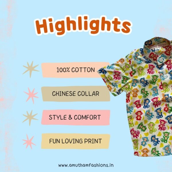 Super Comfortable and Stylish 100% Cotton Kids Shirt with Cotton Veshti Golden Zari - Funny Monkey Print