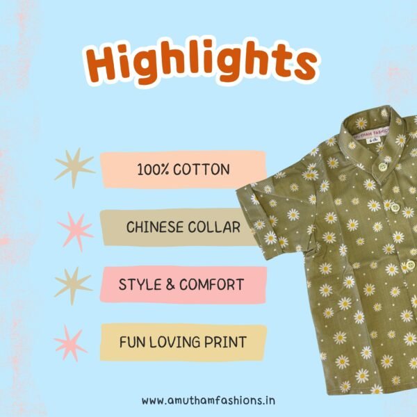 Super Comfortable and Stylish 100% Cotton Kids Shirt with Cotton Veshti Golden Zari - Green Daisy Print