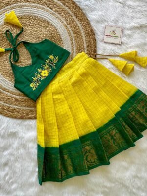 Lemon Yellow Madurai Sungudi Cotton Paavadai & Raw Silk Aari Work Sattai (Pre Booking)