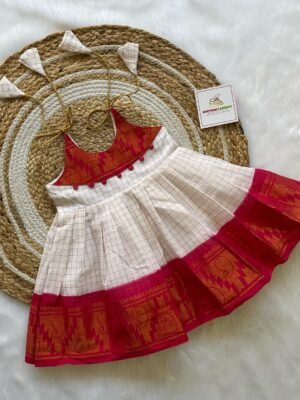 Red & White Color Knot Type Madurai Sungudi Cotton Frock (Ready to Dispatch)