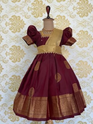 Traditional & Rich Mugavai Silk Frock with Golden Tissue Silk detached Duppata-Dark Maroon (Pre Booking)