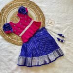 Ink Blue Silver Zari Kanchpattu Paavadai & Pink Silk Cotton Kundan Stone Work Sattai (Ready to Dispatch)