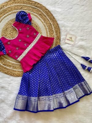 Ink Blue Silver Zari Kanchpattu Paavadai & Pink Silk Cotton Kundan Stone Work Sattai (Ready to Dispatch)