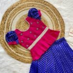 Ink Blue Silver Zari Kanchpattu Paavadai & Pink Silk Cotton Kundan Stone Work Sattai (Ready to Dispatch)