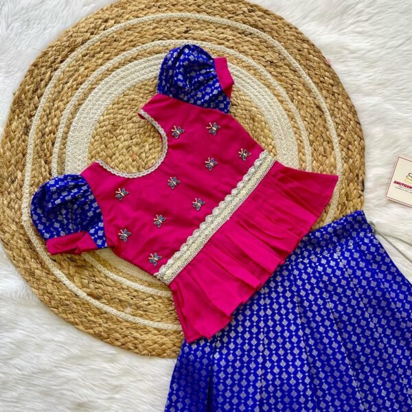 Ink Blue Silver Zari Kanchpattu Paavadai & Pink Silk Cotton Kundan Stone Work Sattai (Ready to Dispatch)