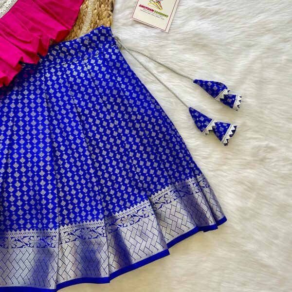 Ink Blue Silver Zari Kanchpattu Paavadai & Pink Silk Cotton Kundan Stone Work Sattai (Ready to Dispatch)