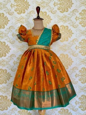 Rich Banarasi Weaving Kanchivaram Frock with detached Duppata (Mustard Yellow & Green Color Duppata) (Ready to Dispatch)