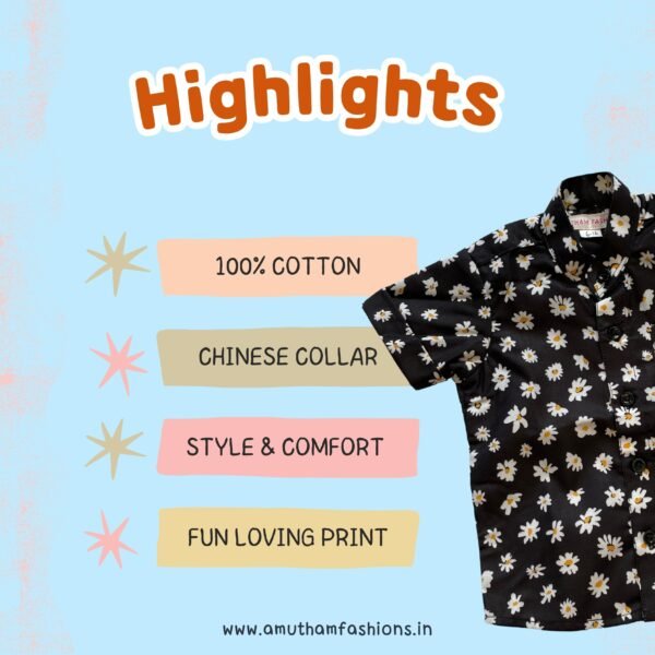 Super Comfortable and Stylish 100% Cotton Kids Shirt - Black Daisy Print