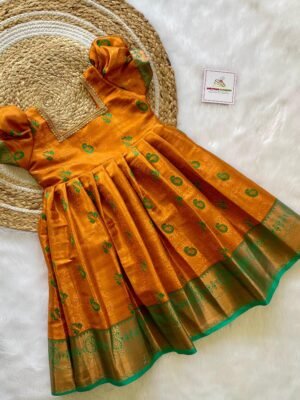 Rich Banarasi Weaving Kanchivaram Frock Mustard Yellow & Green Border (Ready to Dispatch)