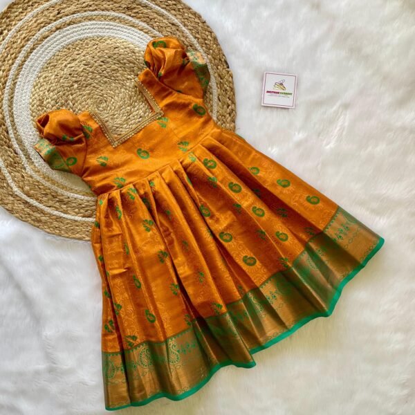 Rich Banarasi Weaving Kanchivaram Frock Mustard Yellow & Green Border (Ready to Dispatch)