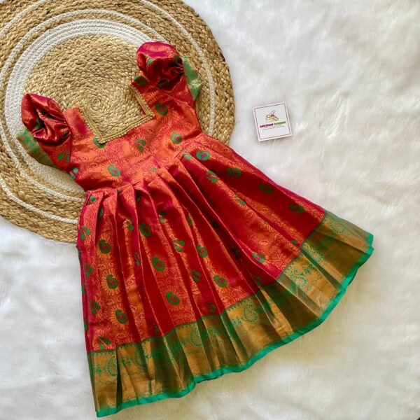 Rich Banarasi Weaving Kanchivaram Frock Reddish Pink & Green Border (Ready to Dispatch)