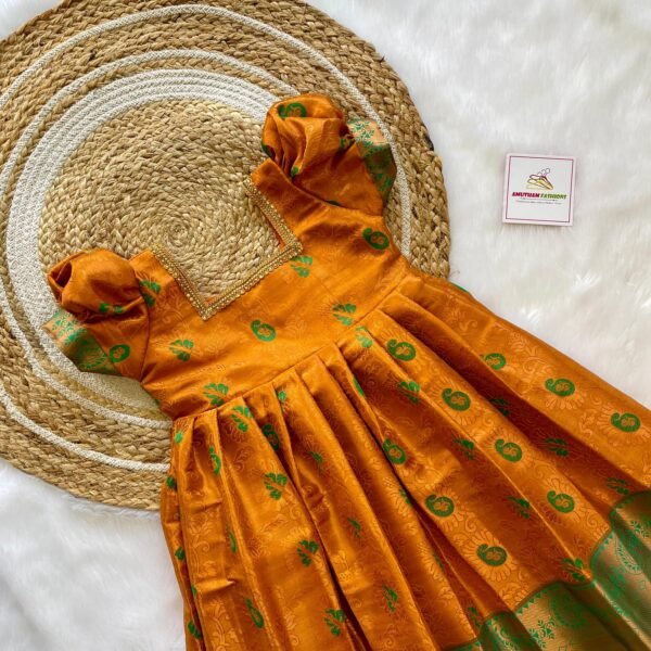 Rich Banarasi Weaving Kanchivaram Frock Mustard Yellow & Green Border (Ready to Dispatch)