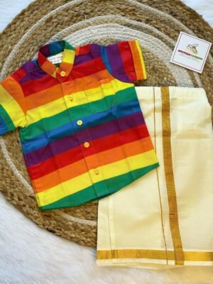 Super Comfortable and Stylish 100% Cotton Kids Shirt with Cotton Veshti Golden Zari - Multi-Color Striped Print