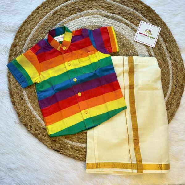 Super Comfortable and Stylish 100% Cotton Kids Shirt with Cotton Veshti Golden Zari - Multi-Color Striped Print