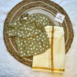 Super Comfortable and Stylish 100% Cotton Kids Shirt with Cotton Veshti Golden Zari - Green Daisy Print