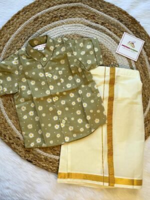 Super Comfortable and Stylish 100% Cotton Kids Shirt with Cotton Veshti Golden Zari - Green Daisy Print