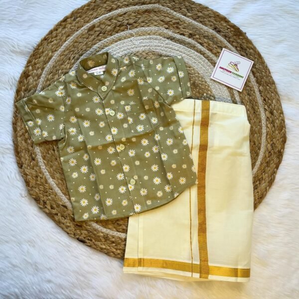 Super Comfortable and Stylish 100% Cotton Kids Shirt with Cotton Veshti Golden Zari - Green Daisy Print