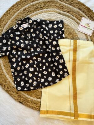 Super Comfortable and Stylish 100% Cotton Kids Shirt with Cotton Veshti Golden Zari - Black Daisy Print