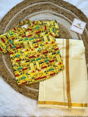 Super Comfortable and Stylish 100% Cotton Kids Shirt with Cotton Veshti Golden Zari - Yellow Car & Scooter Print