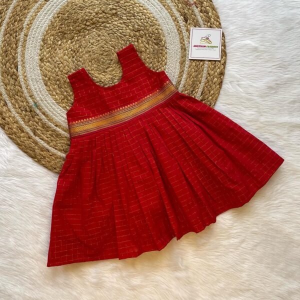 Red Pure Sungudi Cotton Frock - Knee Length (Pre Booking)