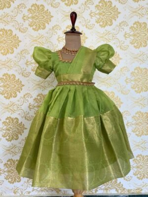 Green Premium Tissue Silk Frock with detachable Duppata (Golden Zari) (Pre Booking)