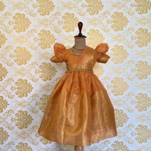 Orange Premium Tissue Silk Frock with detachable Duppata (Golden Zari) (Pre Booking)