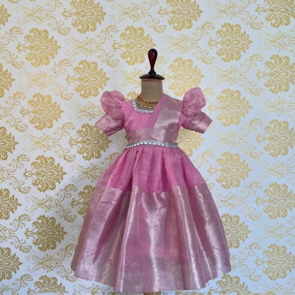 Baby Pink Premium Tissue Silk Frock with detachable Duppata (Silver Zari) (Pre Booking)