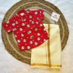 Super Comfortable and Stylish 100% Cotton Kids Shirt with Cotton Veshti Golden Zari - Red Panda Print
