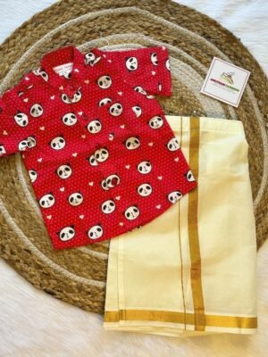 Super Comfortable and Stylish 100% Cotton Kids Shirt with Cotton Veshti Golden Zari - Red Panda Print