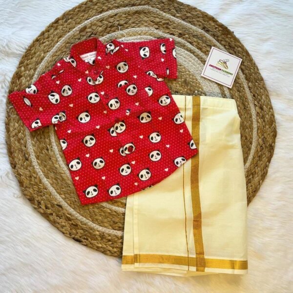 Super Comfortable and Stylish 100% Cotton Kids Shirt with Cotton Veshti Golden Zari - Red Panda Print
