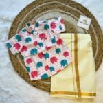 Super Comfortable and Stylish 100% Cotton Kids Shirt with Cotton Veshti Golden Zari - Light Pink Elephant Print