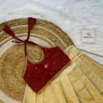 Golden Kerala Kasavu Skirt & Maroon Color Silk Top (Ready to Dispatch)