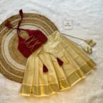 Golden Kerala Kasavu Skirt & Maroon Color Silk Top (Ready to Dispatch)