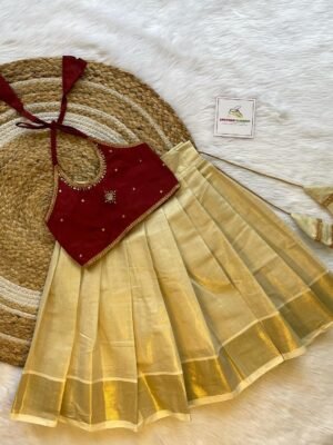 Golden Kerala Kasavu Skirt & Maroon Color Silk Top (Ready to Dispatch)