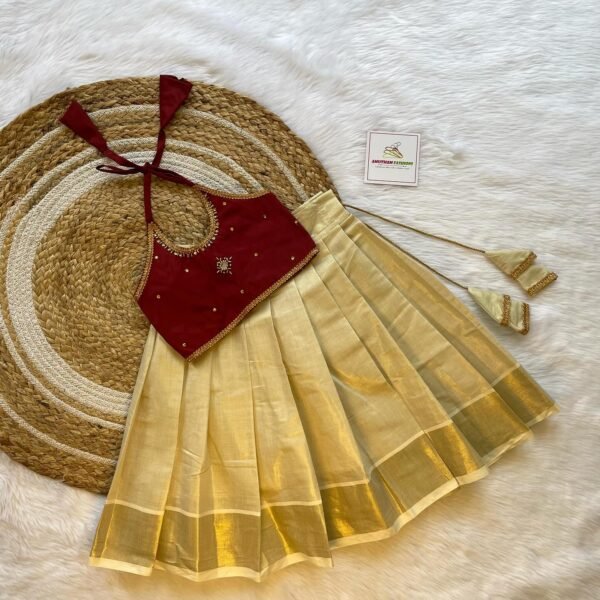Golden Kerala Kasavu Skirt & Maroon Color Silk Top (Ready to Dispatch)