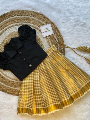 Golden Checked Kerala Kasavu Skirt & Black Color Silk Top (Pre Booking)