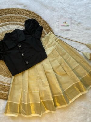 Golden Kerala Kasavu Skirt & Black Color Silk Top (Pre Booking)